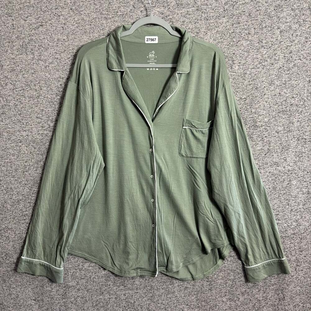Woolx Women's XL Green Merino Wool Long Sleeve Button Up Pajama Top